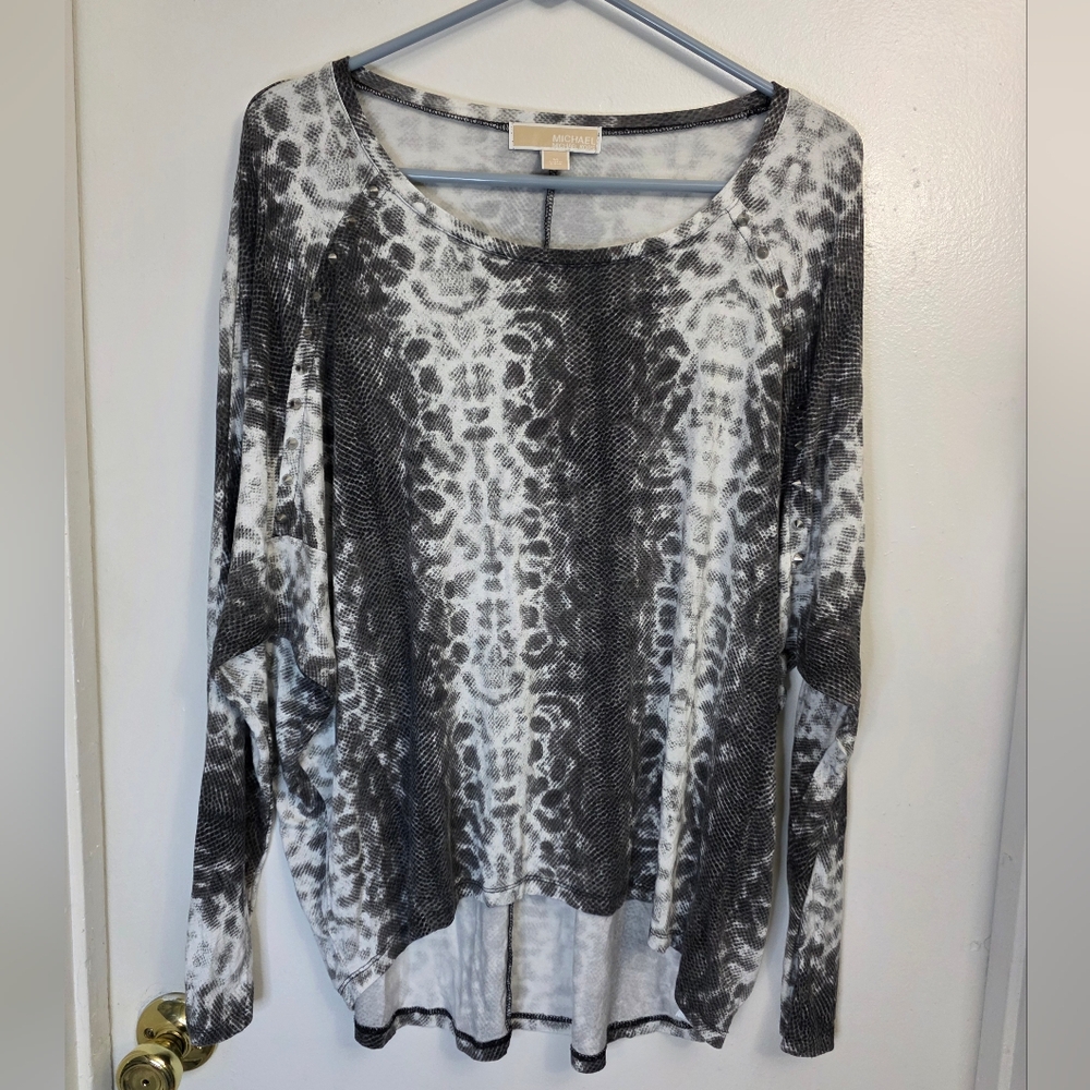 MK Michael Kors Womens Snake Reptile Print Stretch Studded Dolman Longsleeve Top